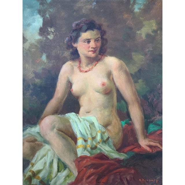 Antique 1920s oil painting by listed Czech artist Marcel Krasicky (1898-1968) depicting a nude woman sunbathing in a lush...
