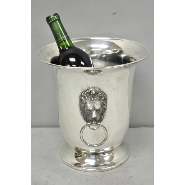 Vintage English Regency Style Silver Plated Lion Head Drop Ring Champagne Chiller Ice Bucket. Circa Mid 20th Century....