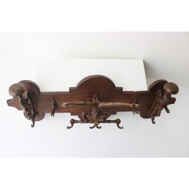 Victorian Oak Wall Coat Rack with Cast Iron, 1890s For Sale - Image 13 of 16
