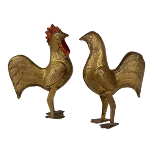 Vintage Traditional Brass Rooster Chicken Sculpture - A Pair