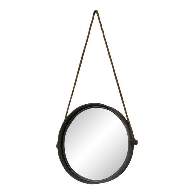 Vintage Round Metal Mirror on Silk Rope, France For Sale