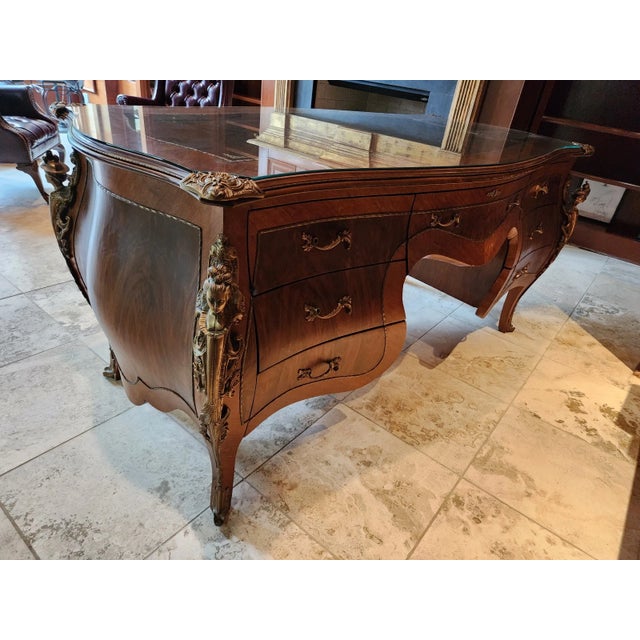 French Louis XV Rococo Bombe Inlay Burlwood Parquetry Office Desk ...