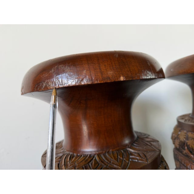 Vintage Handcrafted - Intricate Wildlife Relief Carvings Asian Teak Wood Floor Vases – Pair For Sale - Image 10 of 12