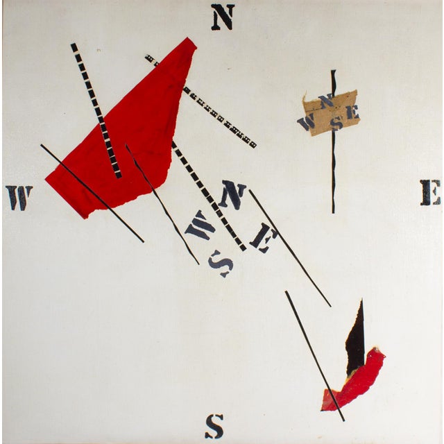 An abstract mixed media collage and painting on canvas by E. Collier. Signed verso, the work consists of black stenciled...