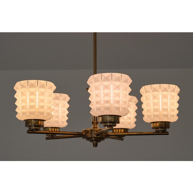 Swedish Modern Chandelier in Brass and Studded Opal Glass from Orrefors, 1950s For Sale - Image 11 of 14