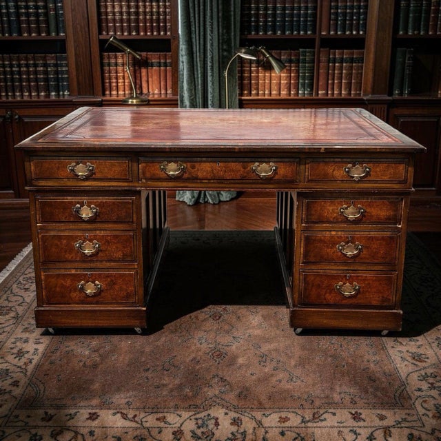 Walnut Partners Pedestal Desk, Splits Into 3 Pieces For Easy Transportation Drawers both side. Splits Into 3 Pieces For...