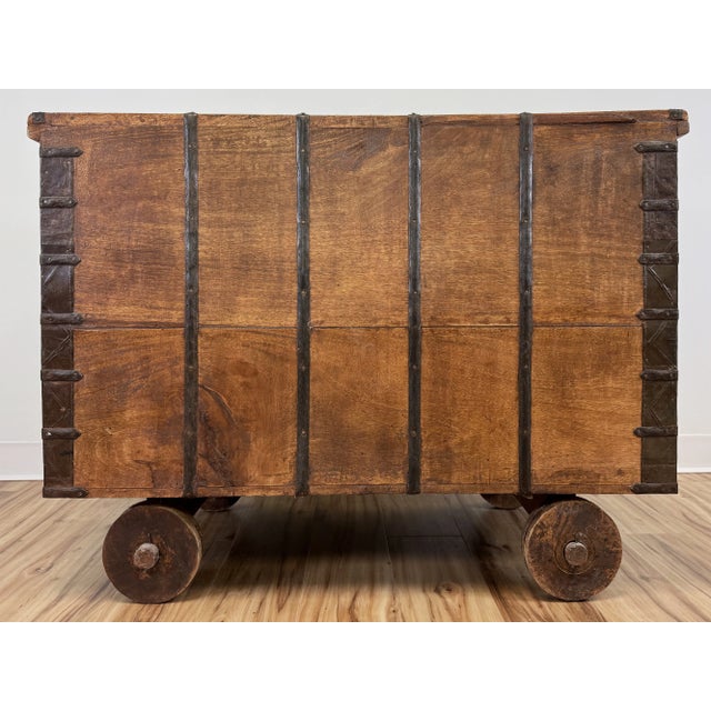 Wood Antique Carved Wood Indian Dowry Wedding Trunk For Sale - Image 7 of 12