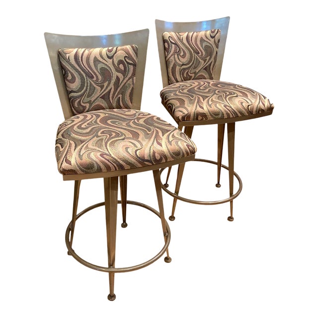 Pair of Contemporary Upholstered Counter/Bar Stools by Johnston Casuals, Bronze Tone Metal For Sale