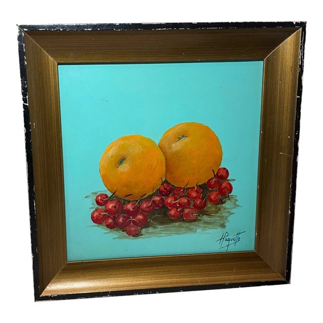 Vintage H Pauquette Fruit Orange Cherry Still Life Realism Oil Painting on Board For Sale