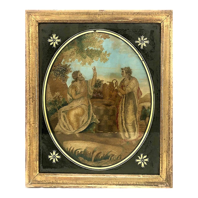 Late 18th-Century Embroidered Depiction of Old Testament Meeting of Isaac and Rebecca at the Well For Sale