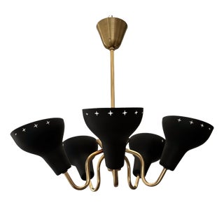 Scandinavian Modernist Five Arms Chandelier in Steel and Brass, Sweden, 1950s For Sale