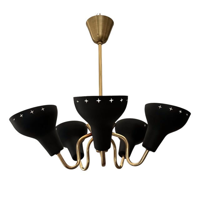 Scandinavian Modernist Five Arms Chandelier in Steel and Brass, Sweden, 1950s For Sale