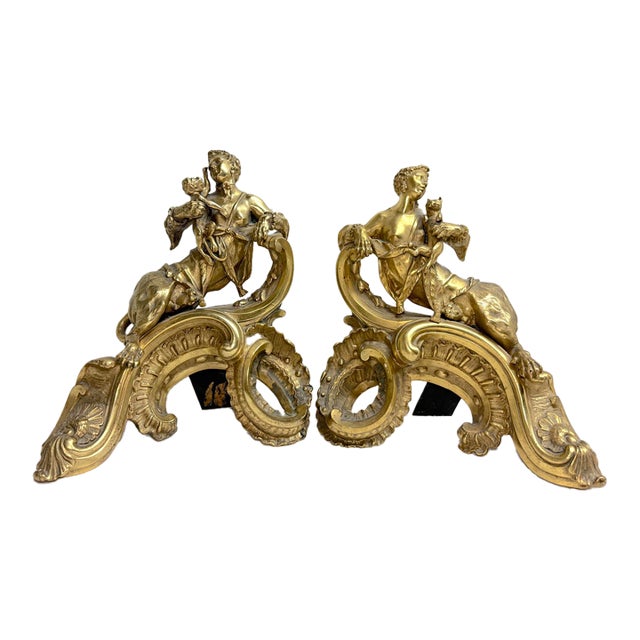 Antique Heavy Pair of Louis XV Style Gilt Bronze Female Sphinx Chenets Andirons For Sale