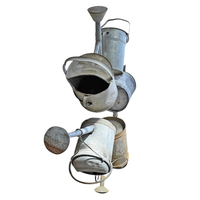 Collection of Five Belgian Zinc Watering Cans on Custom Wall Mounts For Sale - Image 4 of 14