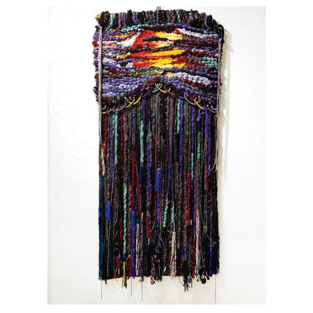Eclectic, mixed media wall hanging textile tapestry by Marlene (Marlen) Richard featuring abstract embroidery atop free...
