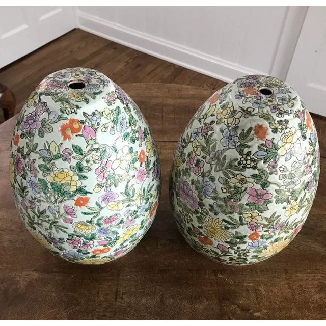 Vintage Chinoiserie Asian Floral Egg Shaped Lamp Vases Drilled for Wiring - a Pair For Sale - Image 4 of 11