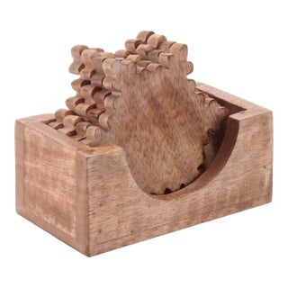 Wood Snowflake Coasters with Holder (Set of 5) For Sale