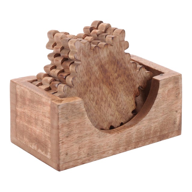 Wood Snowflake Coasters with Holder (Set of 5) For Sale