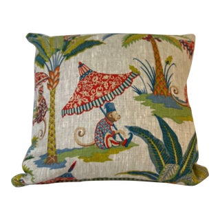 16" Square Decorative Toss Pillow Embellished With an Exotic & Whimsical Monkey Holding a Parasol Beneath a Group of Trees - Made in the U K For Sale