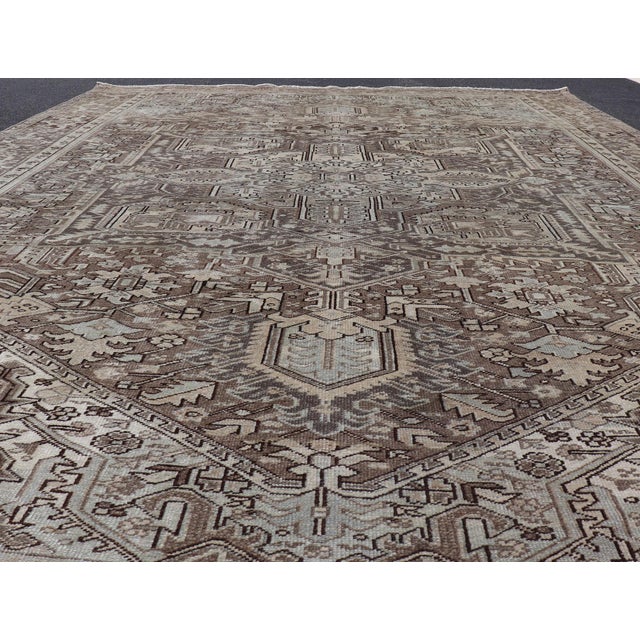 Traditional Antique Persian Heriz Rug With Geometric Medallion and Soft Neutral Tones For Sale - Image 3 of 15