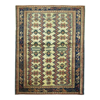 Rare Small Square Traditional Beige Blue Rust Vintage Caucasian Shirvan Rug - 3'5" x 4'1" For Sale