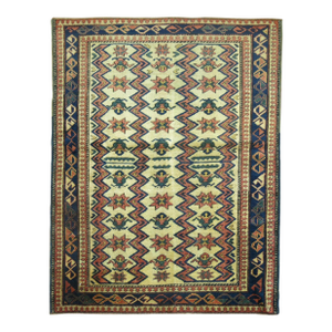 Rare Small Square Traditional Beige Blue Rust Vintage Caucasian Shirvan Rug