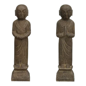 40" Pair Gray Stone Standing Anjali Blessing Lohon Monk Arhat Statues