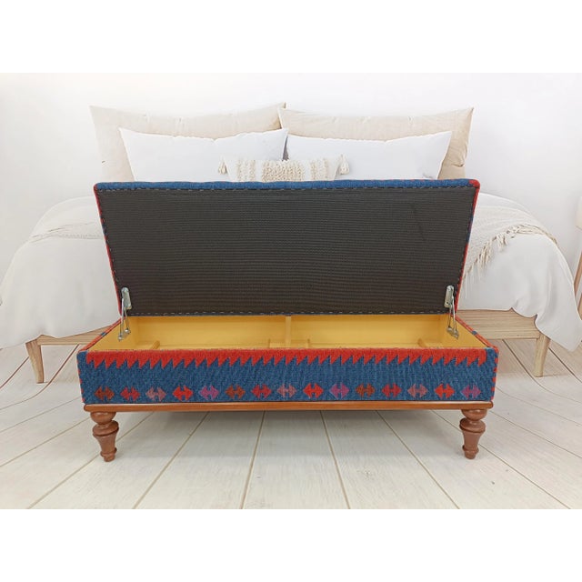 Navy Blue Tribal Kilim Rug Print Fabric Upholstered Storage Bench For Sale - Image 8 of 9