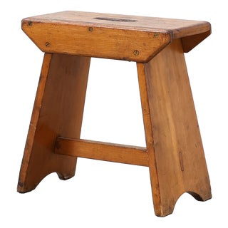 Rustic Pine Stool with Cut-Out Trestle Legs, Sweden, 1920 For Sale