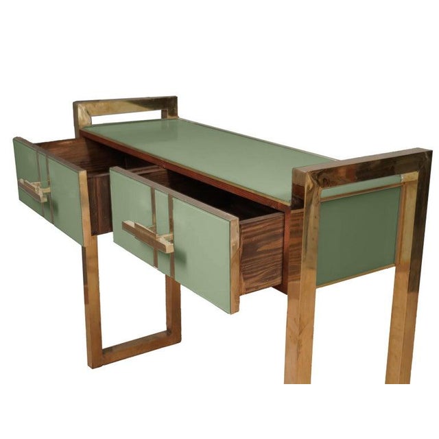 Art Deco Green Glass Console With Brass Handles and Legs Made in Italy For Sale - Image 3 of 6