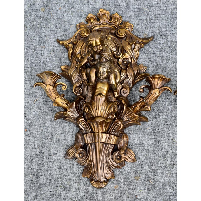 Bronzed Cherub Wall Sconces Ornate Pair Gold Rococo Baroque Putti Candle Holder For Sale In Philadelphia - Image 6 of 10