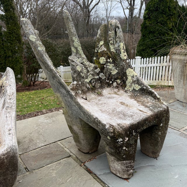 Specimen Carved Driftwood Outdoor Chair. Large specimen piece of driftwood carved in to an outdoor chair with lichen...