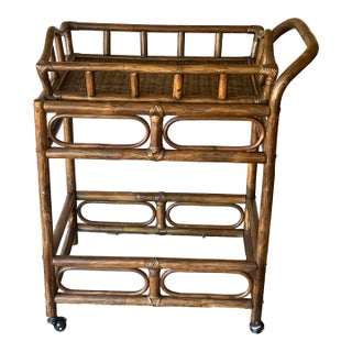 Bamboo 1970's Bar Cart with Removable Tray on Casters For Sale