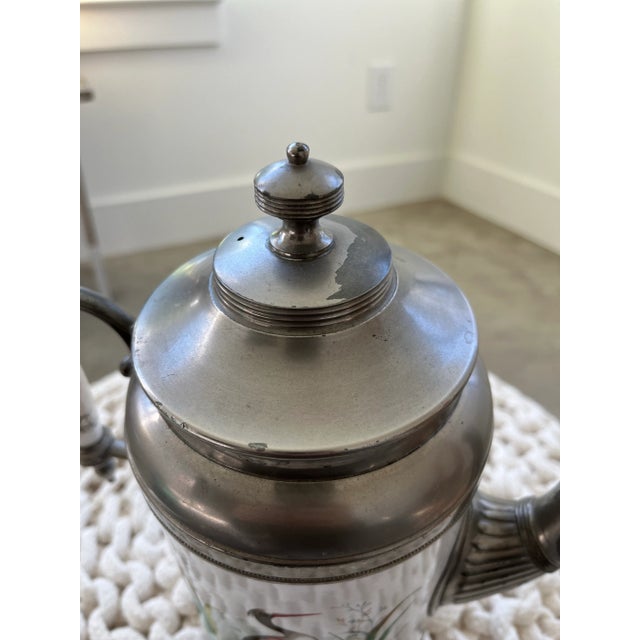 Antique Manning, Bowman & Co Painted Heron Enamel & Pewter Coffee Pot, Late 1800s For Sale In Houston - Image 6 of 11