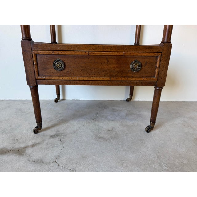 Brown 1970’s Vintage Mount Airy Three-Tier Walnut Etagere With Drawers & Brass Casters For Sale - Image 8 of 12