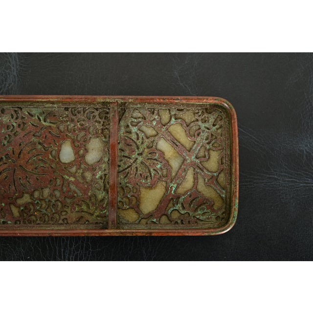 Bronze Tiffany Studios New York Grapevine Pattern Bronze and Favrile Slag Glass Pen Tray For Sale - Image 8 of 12