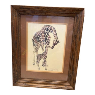 Vintage Evelyn Gross ‘Aisha & Mother’ Brookfield Zoo Chicago Numbered Giraffe Lithograph 60/1000 For Sale