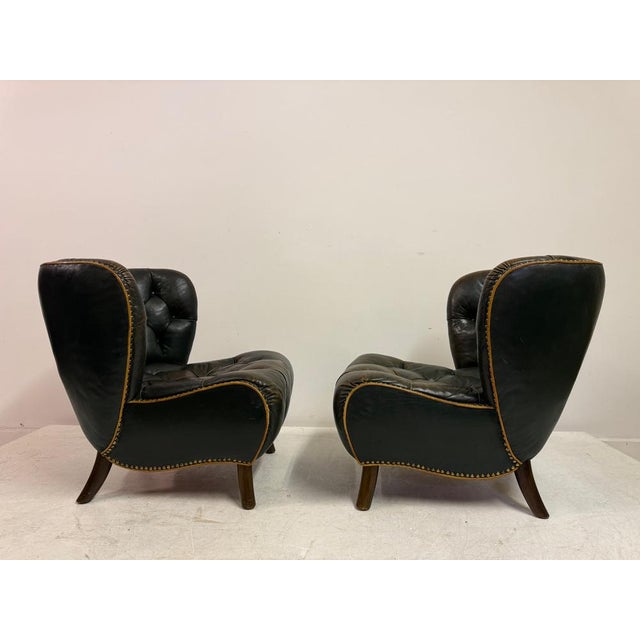 Danish Lounge Slipper Chairs in Green Patinated Leather, 1940s, Set of 2 For Sale - Image 9 of 18