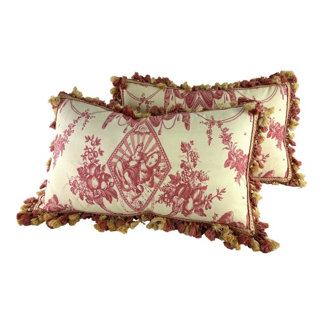 Vintage French Empire Tasseled Cotton Toile Pillows/a Pair For Sale
