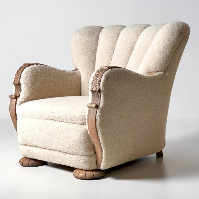 Art Deco Danish Scallop Back Oak and Sherpa Wool Armchairs, 1930s, Set of 2 For Sale - Image 3 of 13