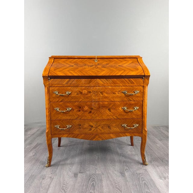 19th Century 19th Century Louis XV Drop-Front Secretary Desk in Veneered and Inlaid Wood, 1890s For Sale - Image 5 of 13