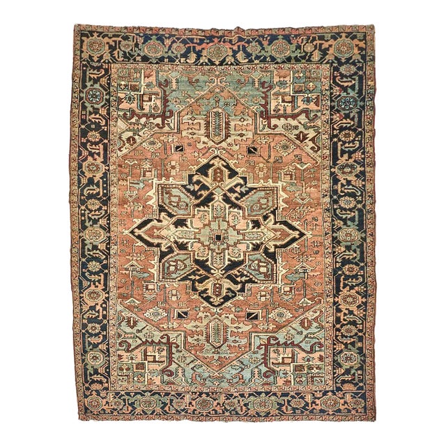 Dreamy Antique Persian Heriz | Terracotta, Teal, Seafoam, Pale Sky, Brick, Copper, Indigo | 7 X 10 For Sale