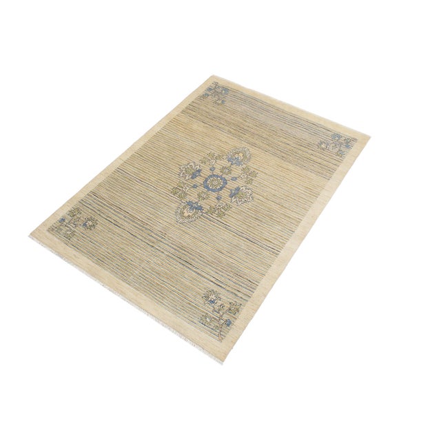 Abstract Boho Chic Gabbeh Beige/Blue Wool Rug - 4'7'' X 6'4'' For Sale - Image 3 of 10