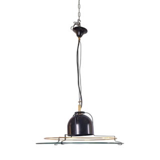 Vintage Modernist Glass and Metal Pendant Lamp with Graphic Details For Sale