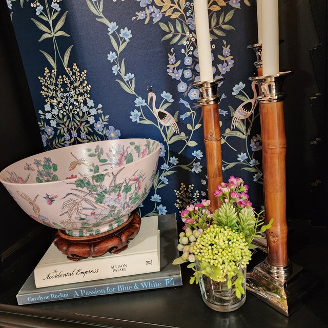 Mid 20th Century Large Chinese Famille Rose Porcelain Bowl With Birds, Lotus & Butterflies on Carved Wood Stand For Sale - Image 11 of 13