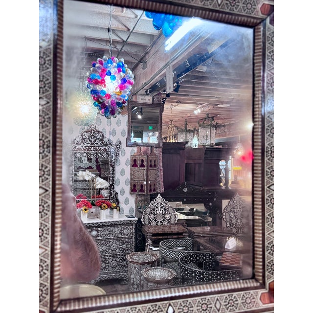 Vintage Marquetry Wood Inlay Mirror With Mother-of-Pearl Accents For Sale In Los Angeles - Image 6 of 6