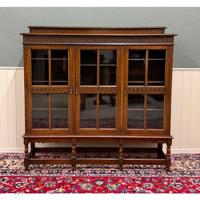 Jacobean Antique English Jacobean Bookcase Bookshelf Cabinet Triple Glass Door Oak C1930s For Sale - Image 3 of 18