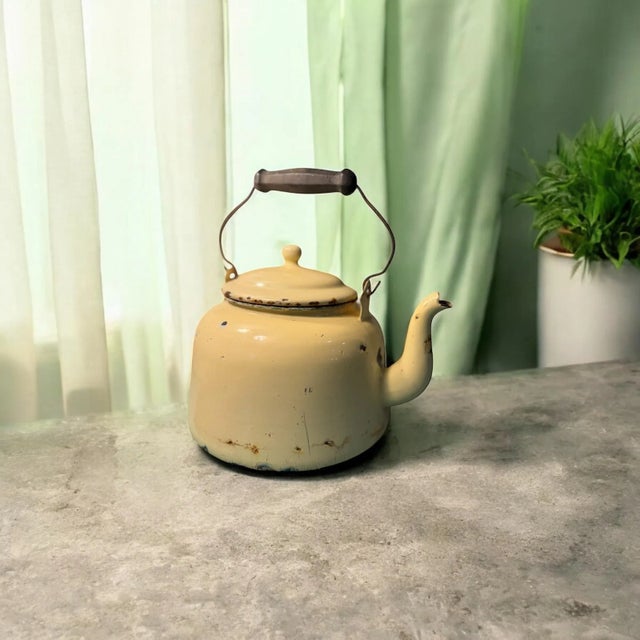 20th Century Rustic Enamel Yellow Tea Kettle Cottage Decor or Planter For Sale - Image 9 of 16