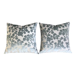 Blossom in Mist Raised Linen Velvet Floral Pillows- a Pair For Sale