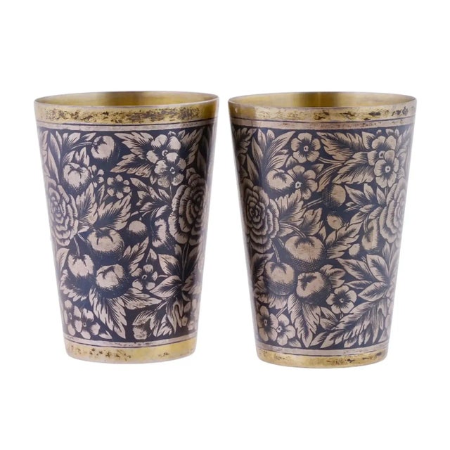 1950s 1950s Russian Soviet Era Gilt Silver Niello Cups- Set of 2 For Sale - Image 5 of 8